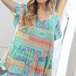 Haptics Boho Patchwork Print Rayon Challis V-neck Blouse